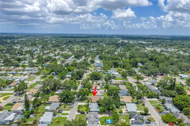 an aerial view of residential houses with outdoor space and trees