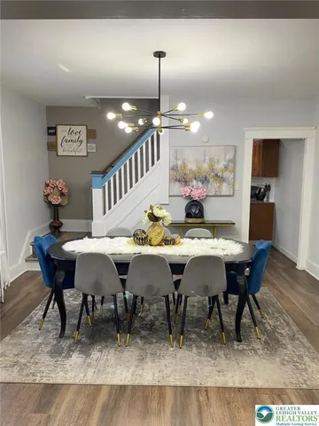a view of a dining room with furniture
