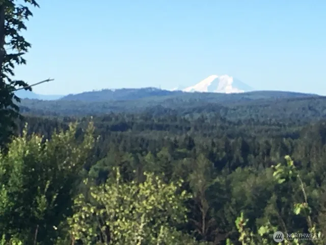 a view of a house with a mountain and a forest