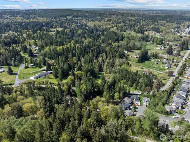 an aerial view of residential houses with outdoor space and trees