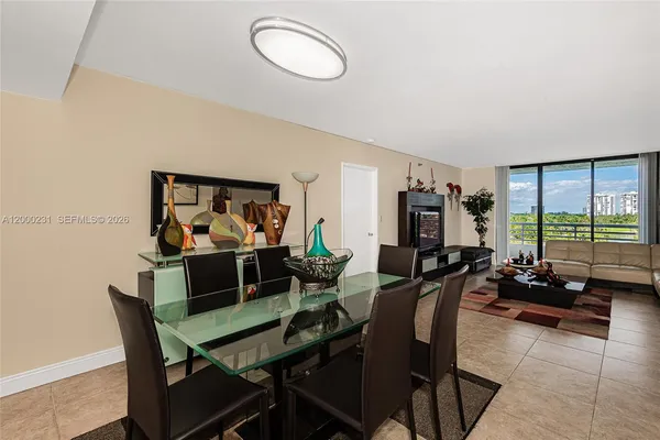 a view of a dining room with furniture window and outside view