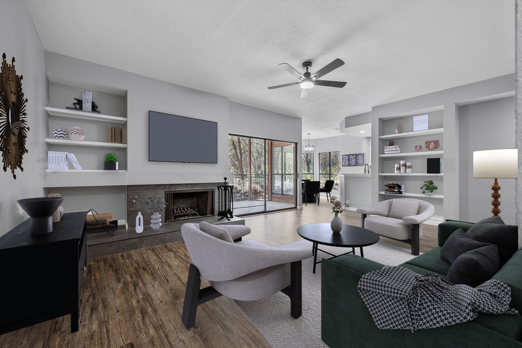 a living room with furniture a fireplace and a flat screen tv