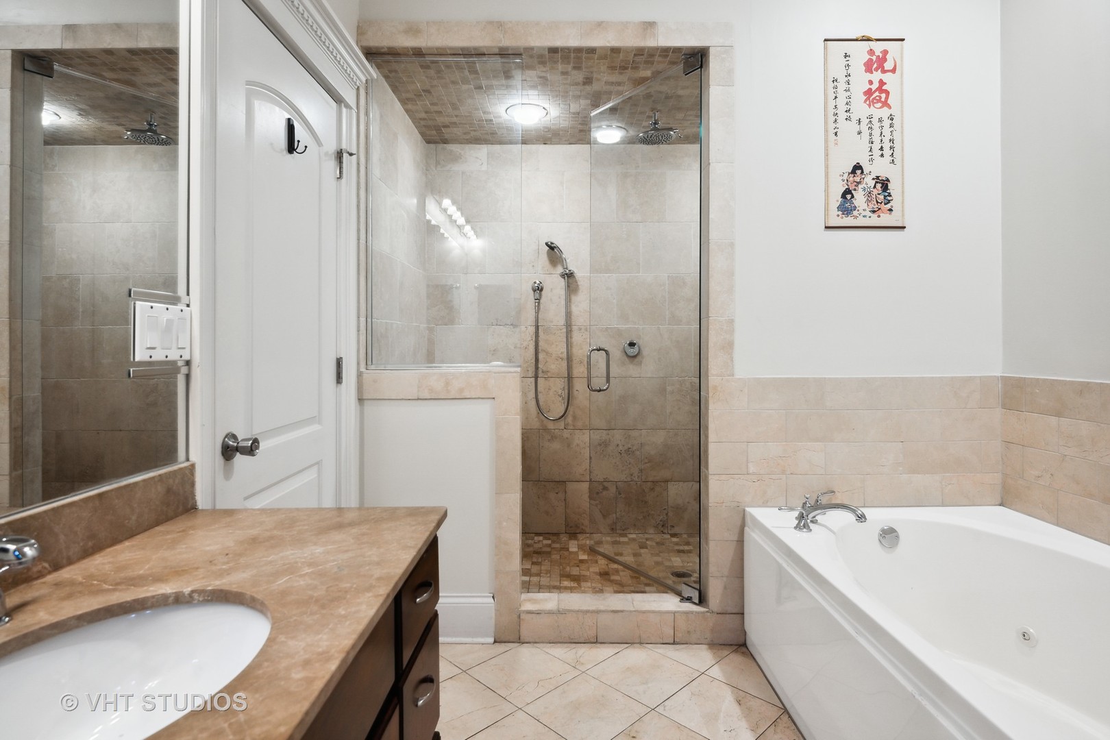 4880 North Clark Street, Unit 2B Chicago, IL 60640 - Photo 10 of 15 a bathroom with a granite countertop sink a mirror a bathtub and shower