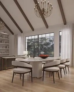 a dining room with furniture and wooden floor