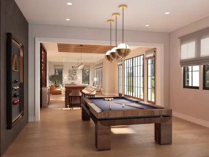 a living room with furniture and a large mirror