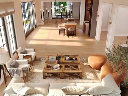 a dining room with furniture and a chandelier