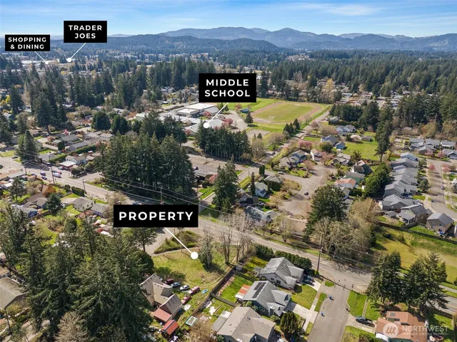a view of a city with mountains in the background