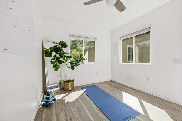 a view of a room with wooden floor and a potted plant