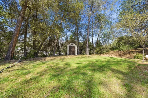 a backyard of a house with large trees