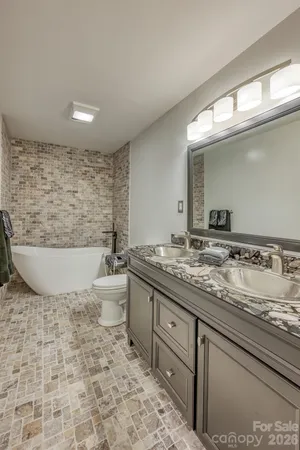 a bathroom with a granite countertop sink a toilet and a mirror