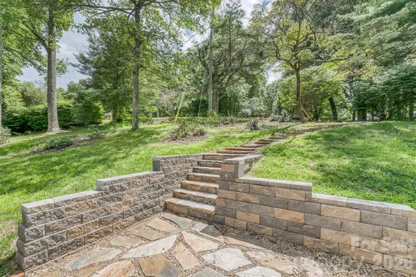 a view of a yard with large trees