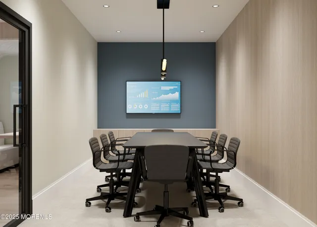 a view of a lake with couches and city view