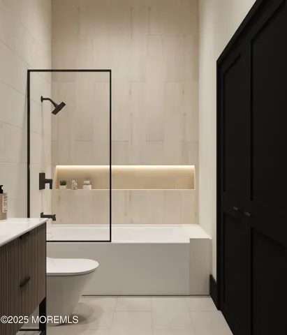 a view of a balcony with furniture and floor to ceiling window