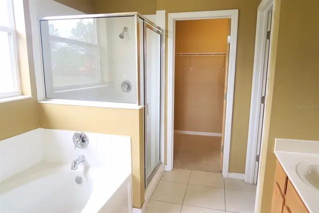a bathroom with a bathtub and a shower