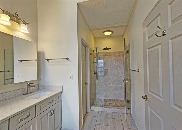a bathroom with a granite countertop shower sink and mirror