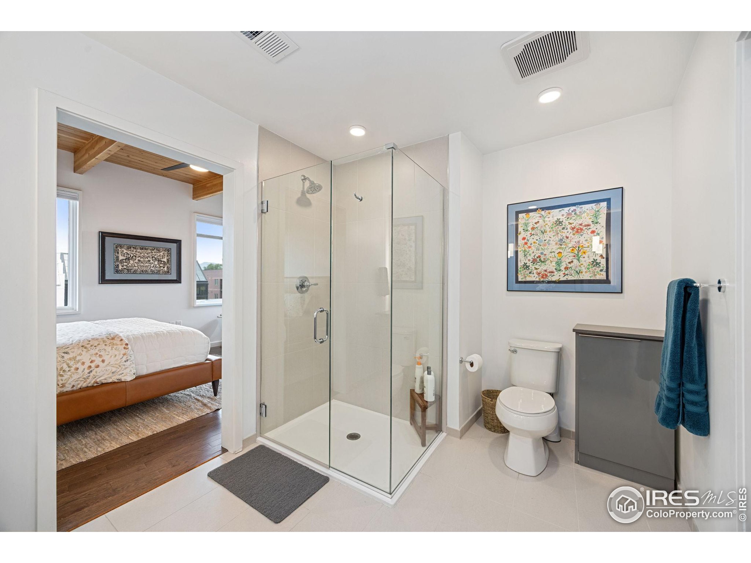 401 Linden Street, Unit 307 Fort Collins, CO 80524 - Photo 16 of 47 a bathroom with a toilet sink a shower and a mirror