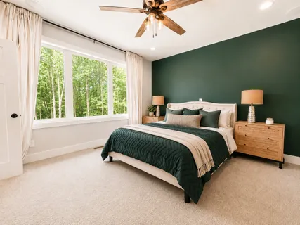 a bedroom with windows and closet