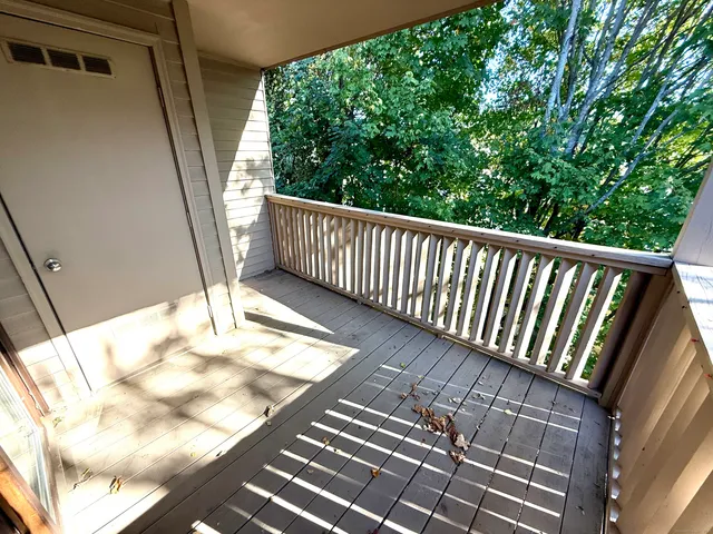 a view of balcony with wooden floor