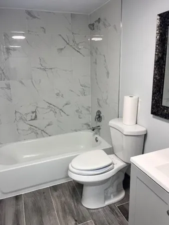 a bathroom with a toilet and a bath tub