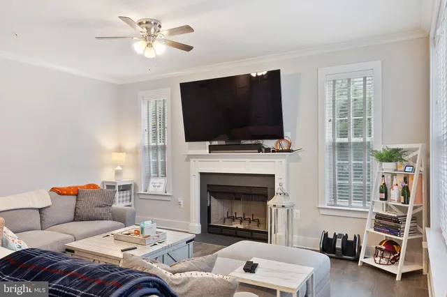 a living room with furniture a flat screen tv and a fireplace