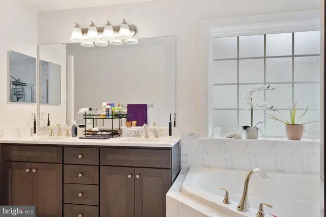 a bathroom with a double vanity sink and a mirror