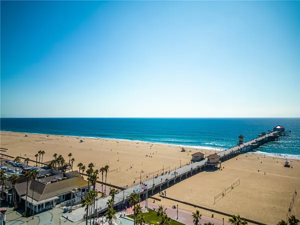 an aerial view of beach and ocean