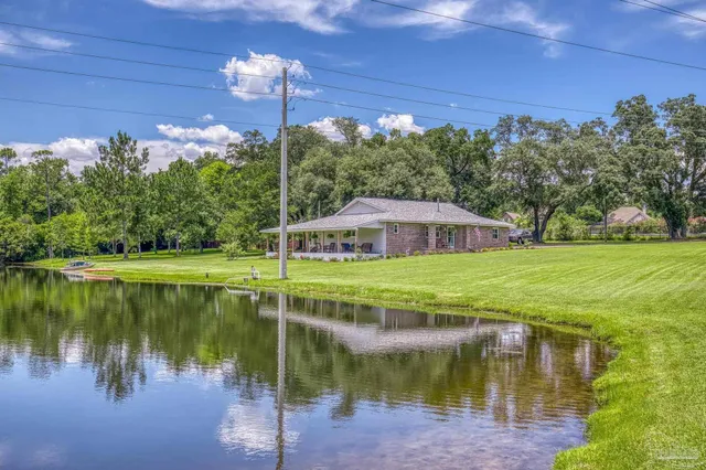 a view of a house with a big yard potted plants and large tree