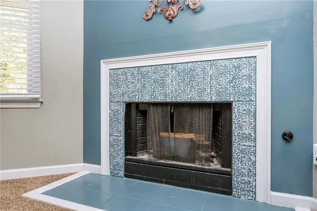 a room with a fireplace