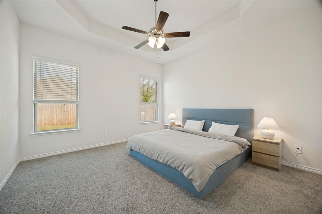 3816 Blacksmith Road Aubrey, TX 76227 - Photo 12 of 30 Tray ceiling with a ceiling fan, two windows, and gray carpeting