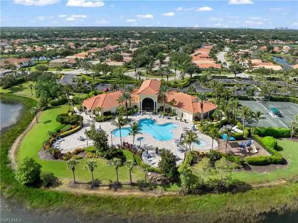 an aerial view of residential houses with outdoor space and lake view