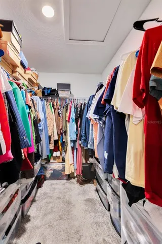 a view of walk in closet with clothes and shoes