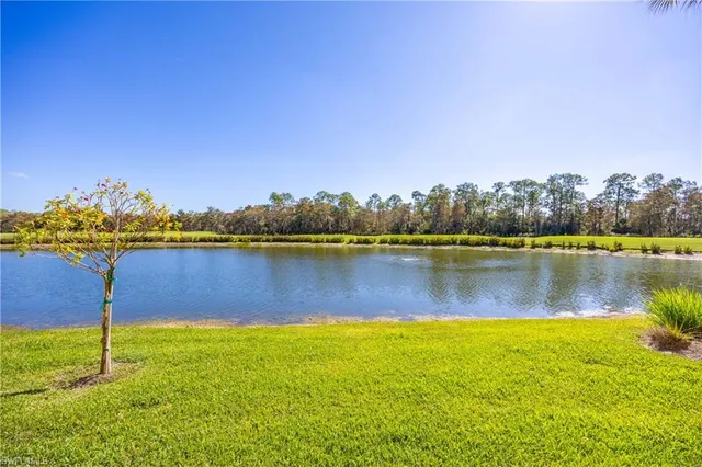 a view of a lake with houses in the back