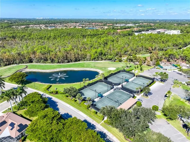 an aerial view of a residential houses with a yard and lake view