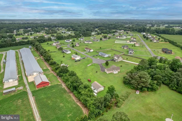 an aerial view of residential houses with outdoor space and trees