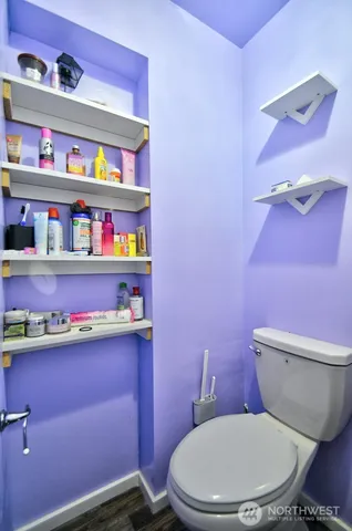 a bathroom with a toilet a sink and a shelf