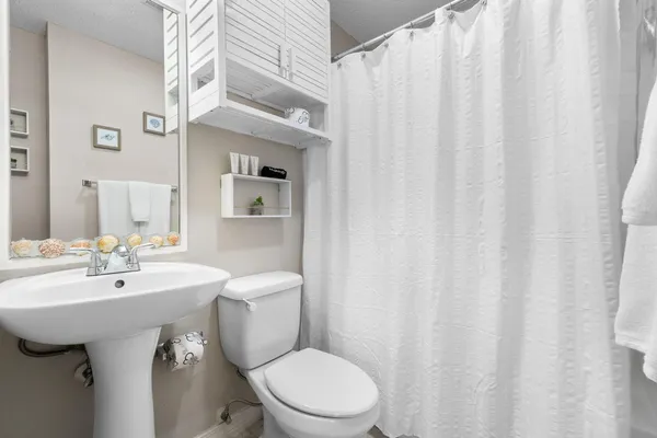 a bathroom with a sink a toilet and shower curtain