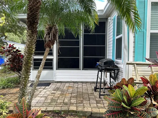 a view of a backyard with plants and a stove