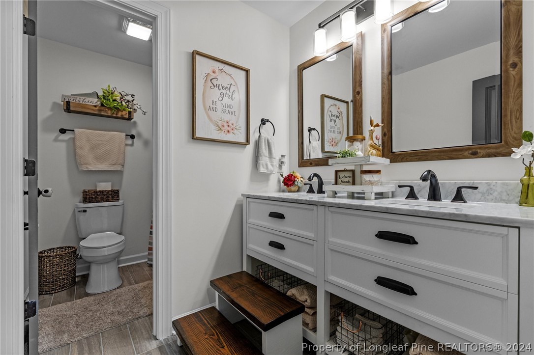 15420 Raccoon Run Road Wagram, NC 28396 - Photo 24 of 39 a bathroom with a toilet sink and mirror