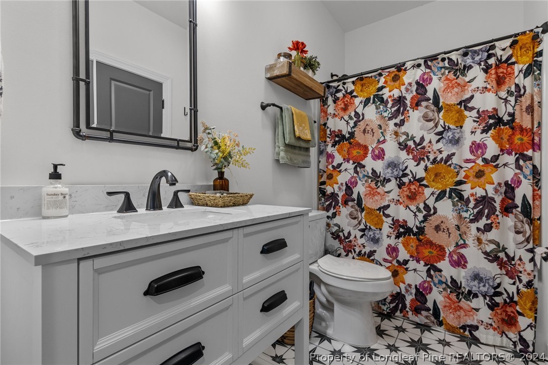 15420 Raccoon Run Road Wagram, NC 28396 - Photo 28 of 39 a bathroom with a sink a toilet and shower curtain