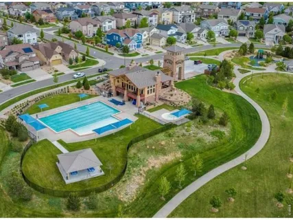 an aerial view of a pool
