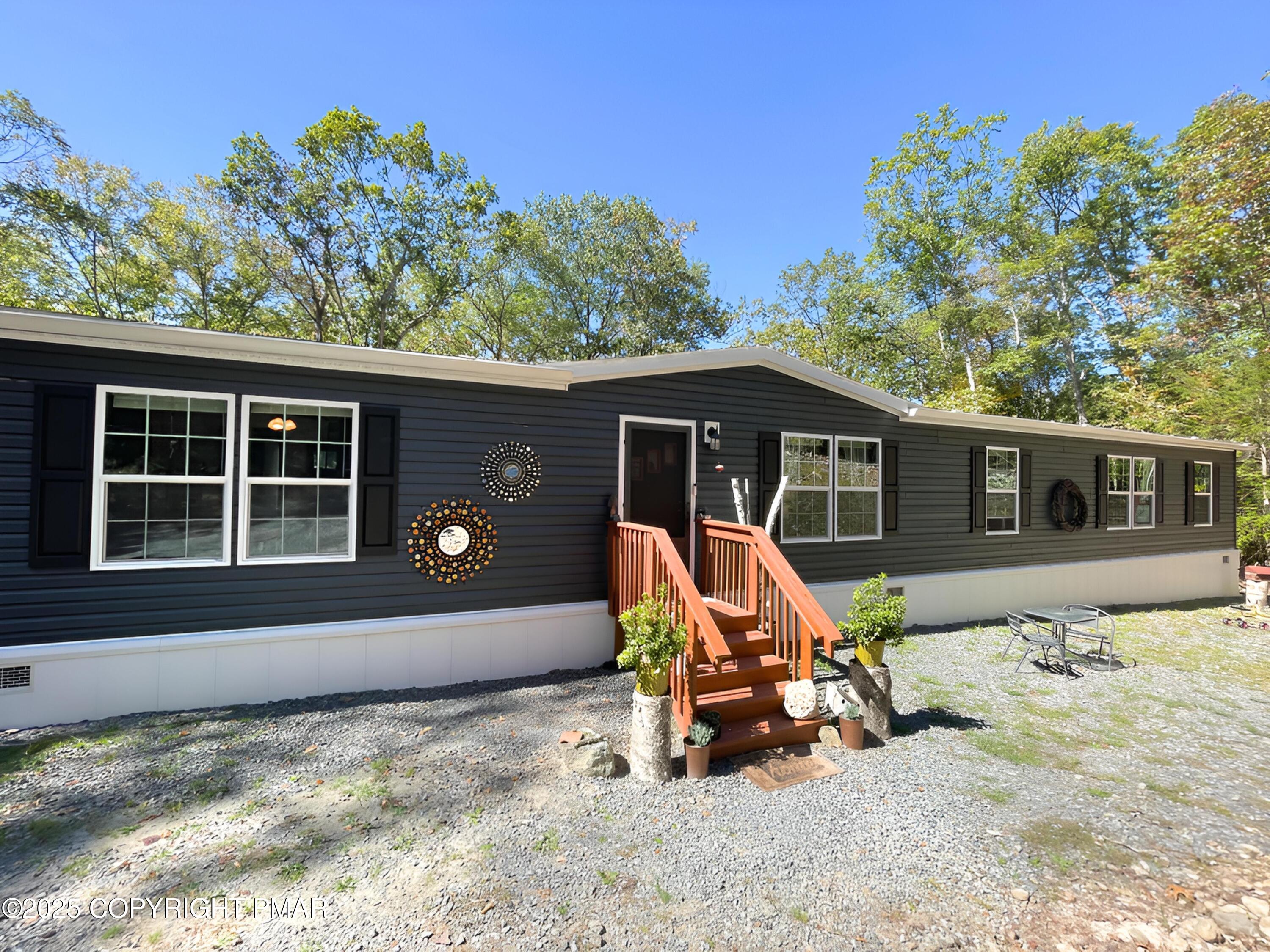 front view of a house with a patio