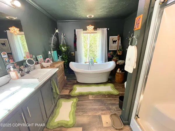 a bathroom with sink and mirror with bathtub