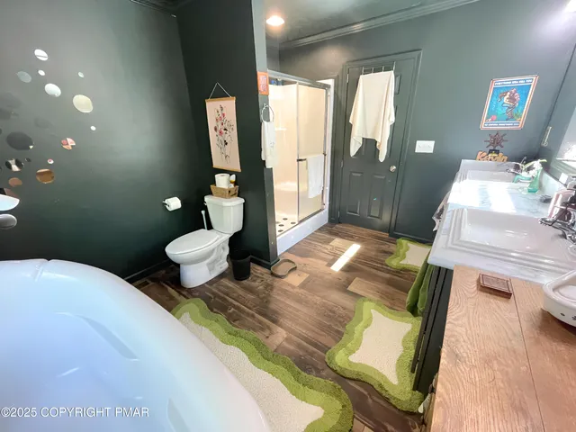 a bathroom with a sink mirror vanity and toilet