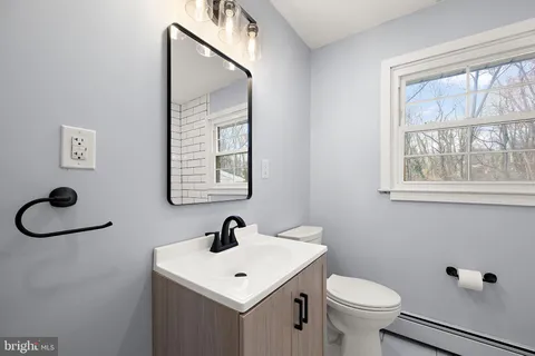 a bathroom with a toilet a sink and a mirror