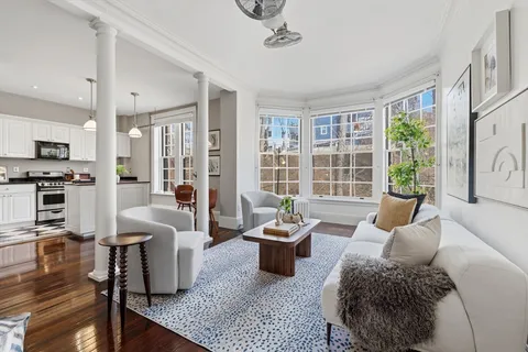 a living room with furniture and a potted plant