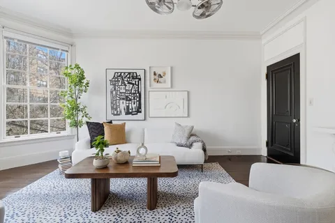 a living room with furniture and a potted plant