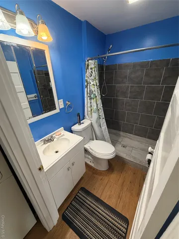 a bathroom with a sink a toilet a mirror and shower