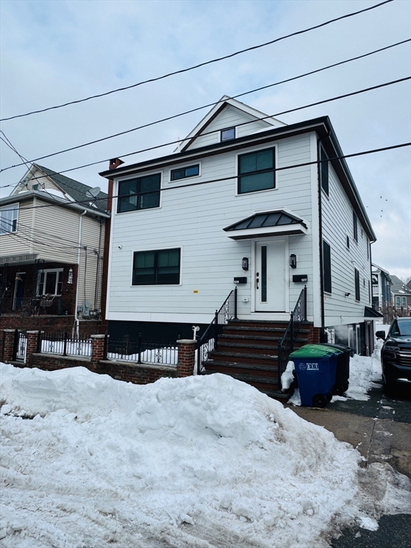 a front view of a house with a snow in front of house