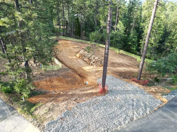 a view of a backyard with large trees