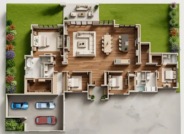 an aerial view of residential houses with outdoor space and parking